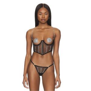 BLUEBELLA Revolve Open Wired Bustier Bra S Sheer Sexy Mesh Rhinestone Black Zenn